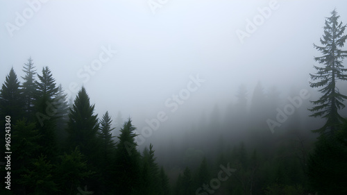 A forest covered in fog with trees in the background