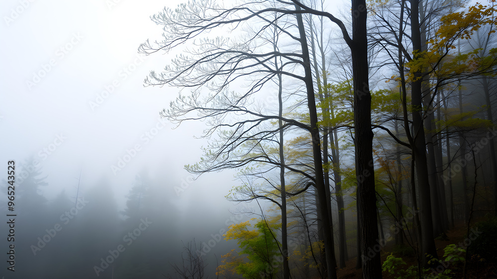 A forest covered in fog with trees in the background A forest covered in fog with trees in the background