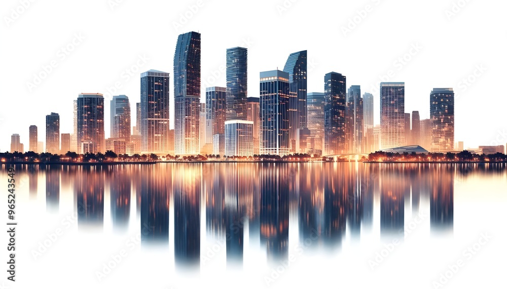 Miami skyline at dusk with illuminated buildings reflecting in the water. The cityscape is set against a white background, highlighting the urban architecture Miami skyline at dusk with illuminated buildings reflecting in the water. The cityscape is set against a white background, highlighting the urban architecture