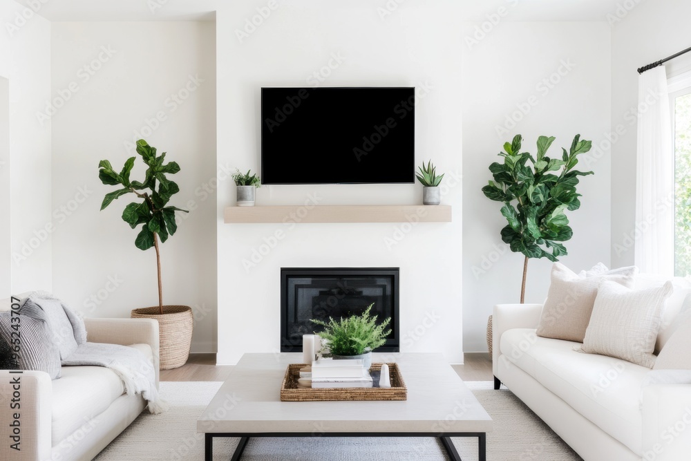 A minimalist, clean living room with a symmetrical design, showcasing modern simplicity and balance. 