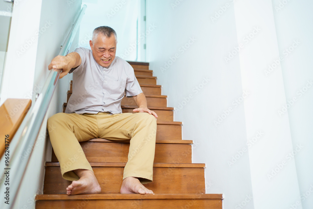 Senior male adult has an accident while walking on staircase.