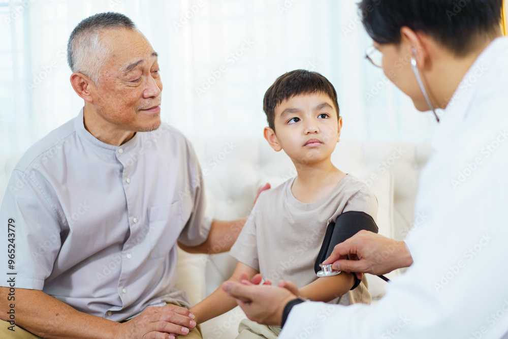 Grandfather taking his grandson to see doctor in hospital. Grandfather taking his grandson to see doctor in hospital.