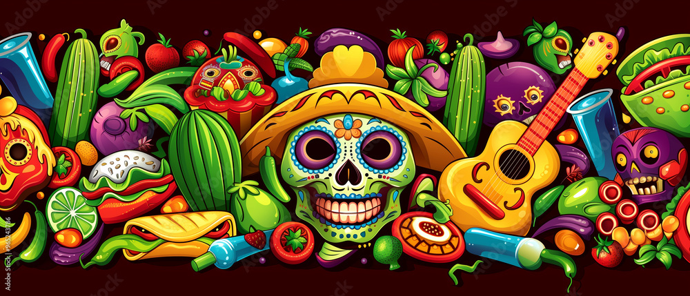 A colorful and vibrant image of a Mexican-themed party with a skull, a guitar, and various vegetables and fruits