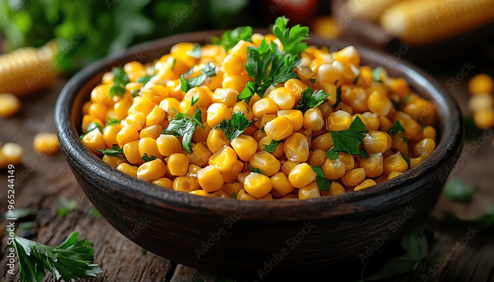 Bowl of golden corn kernels garnished with parsley on a wooden table Bowl of golden corn kernels garnished with parsley on a wooden table