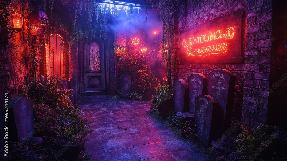 A spooky Halloween garden setup with tombstones and eerie lighting A spooky Halloween garden setup with tombstones and eerie lighting