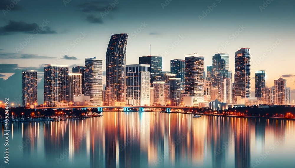 Fototapeta premium Miami skyline at dusk with illuminated buildings reflecting in the water. The cityscape is set against a white background, highlighting the urban architecture