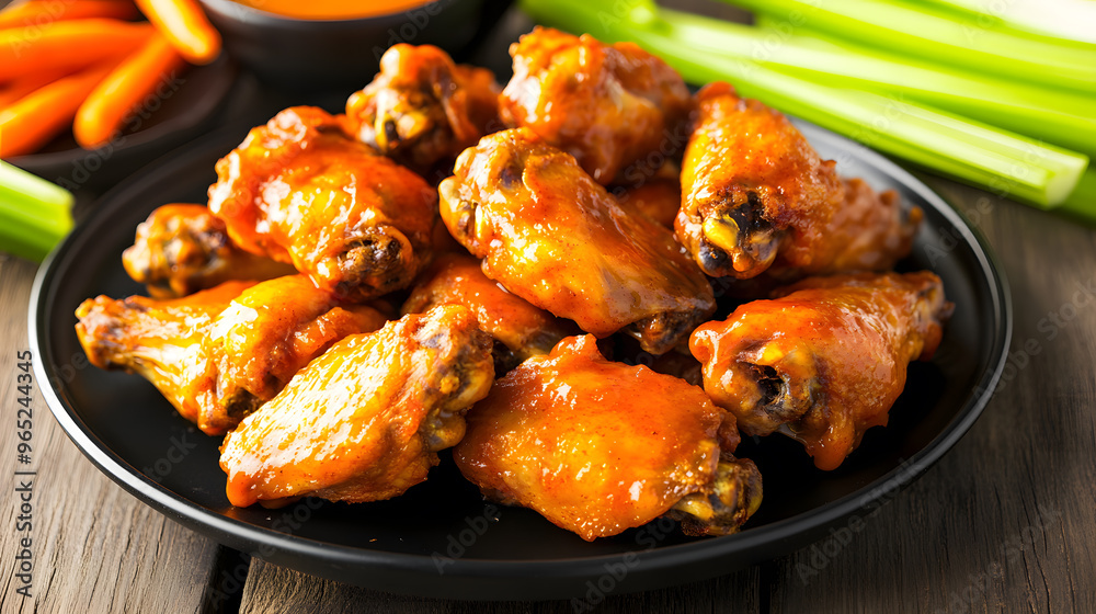 A plate of buffalo chicken wings served with celery sticks and carrots. A plate of buffalo chicken wings served with celery sticks and carrots.