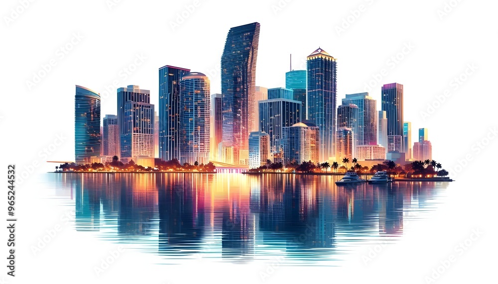Fototapeta premium Miami skyline at dusk with illuminated buildings reflecting in the water. The cityscape is set against a white background, highlighting the urban architecture