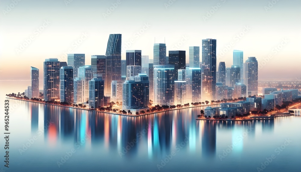 Fototapeta premium Miami skyline at dusk with illuminated buildings reflecting in the water. The cityscape is set against a white background, highlighting the urban architecture