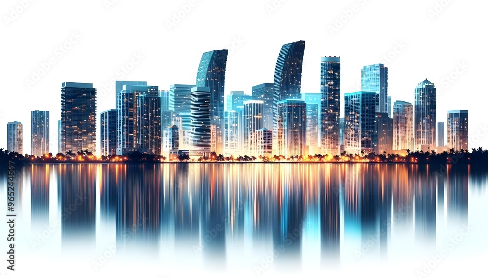 Obraz premium Miami skyline at dusk with illuminated buildings reflecting in the water. The cityscape is set against a white background, highlighting the urban architecture