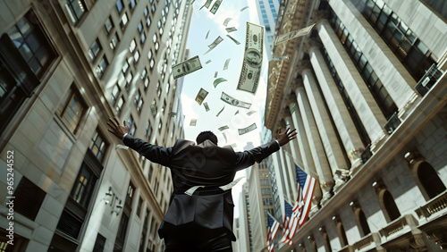 A millionaire man cheers as he throws money into the sky