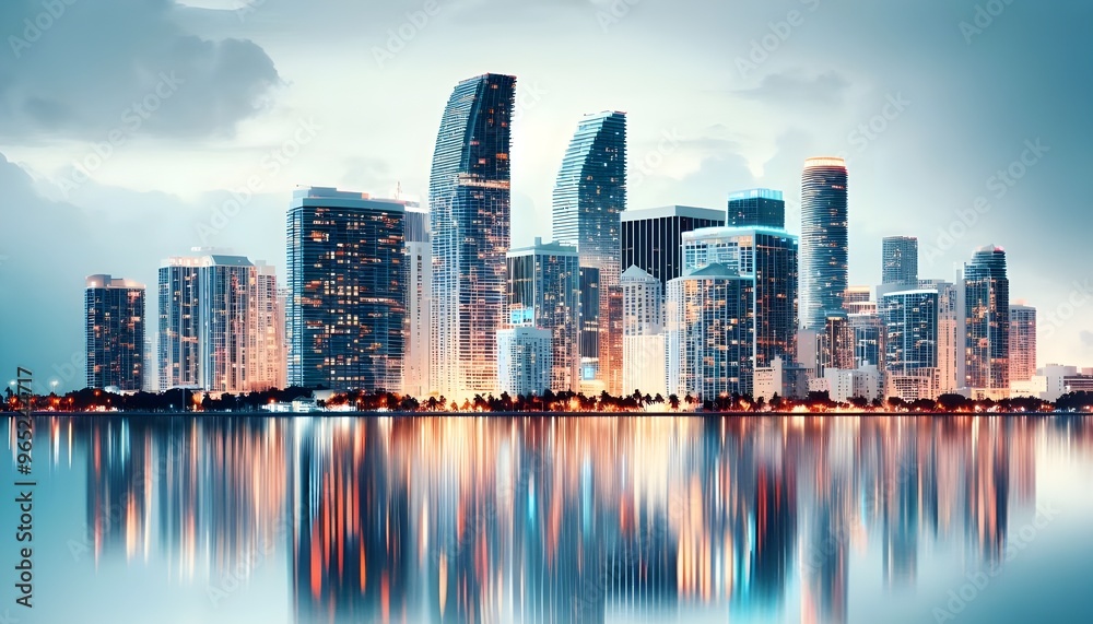 Naklejka premium Miami skyline at dusk with illuminated buildings reflecting in the water. The cityscape is set against a white background, highlighting the urban architecture