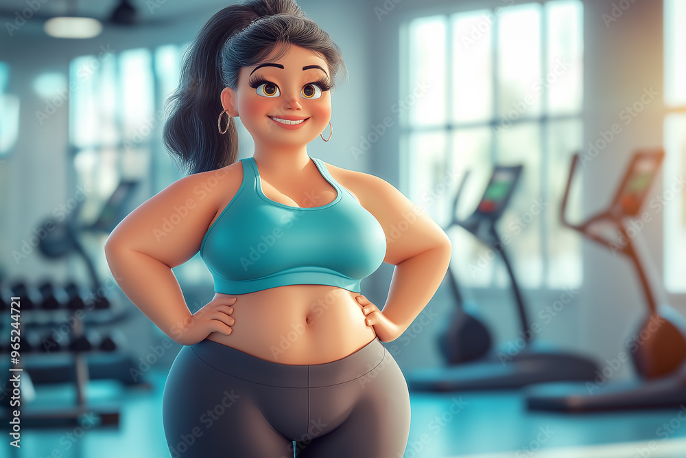 3D cartoon of smiling young chubby woman standing in fitness training gym. Healthy, exercise concept 3D cartoon of smiling young chubby woman standing in fitness training gym. Healthy, exercise concept