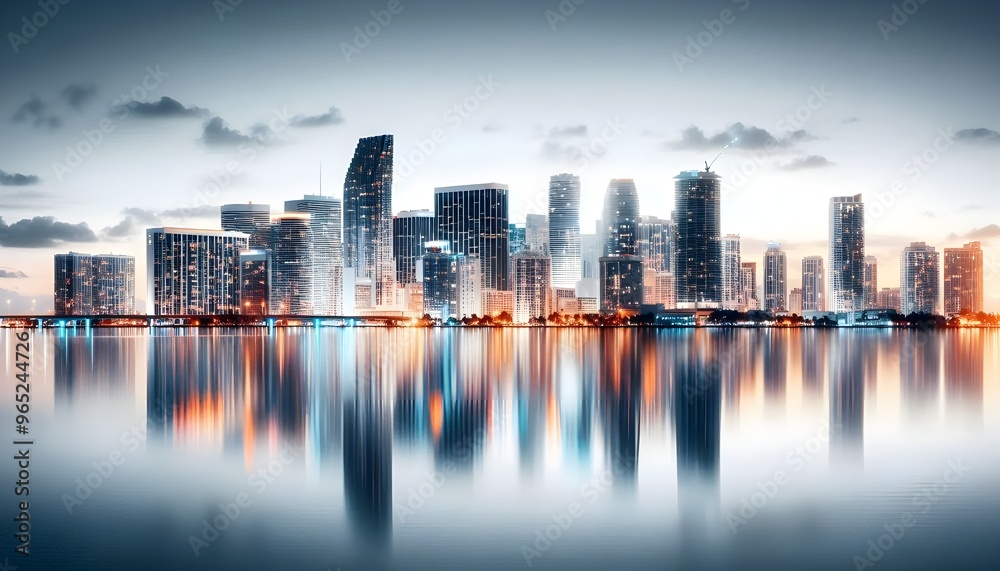 Fototapeta premium Miami skyline at dusk with illuminated buildings reflecting in the water. The cityscape is set against a white background, highlighting the urban architecture