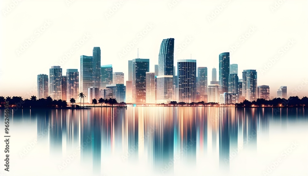 Naklejka premium Miami skyline at dusk with illuminated buildings reflecting in the water. The cityscape is set against a white background, highlighting the urban architecture