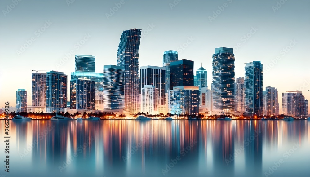 Naklejka premium Miami skyline at dusk with illuminated buildings reflecting in the water. The cityscape is set against a white background, highlighting the urban architecture
