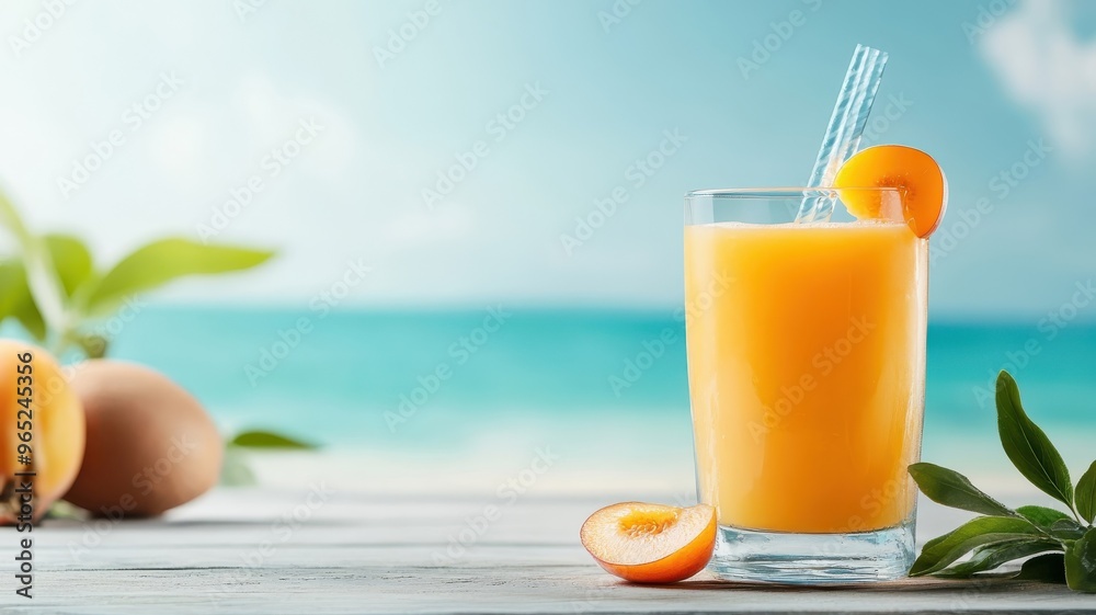 Fresh nectarine juiced into a glass, set by the sea for a serene scene. Fresh nectarine juiced into a glass, set by the sea for a serene scene.