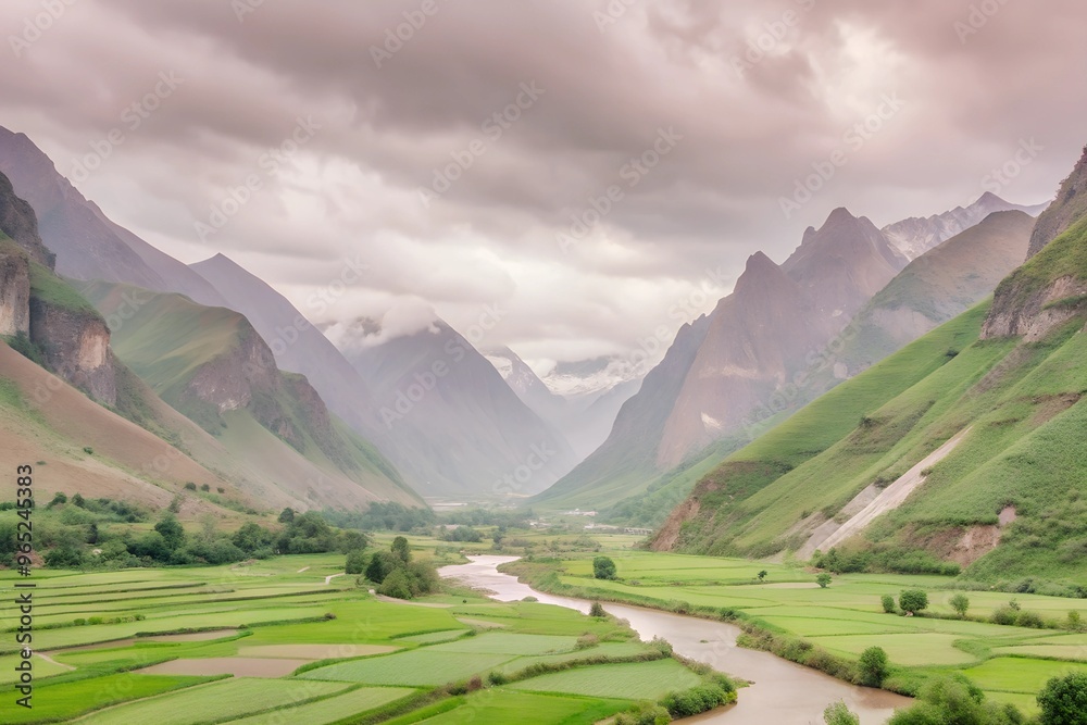 Lush Green Valley Surrounded by Towering Mountains Lush Green Valley Surrounded by Towering Mountains