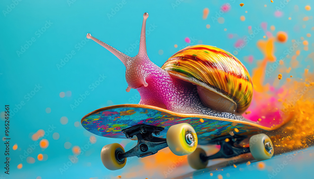 custom made wallpaper toronto digitalColorful snail riding a skateboard on a bright blue background