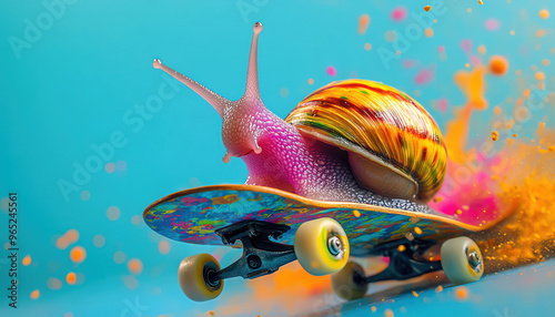 Wallpaper Mural Colorful snail riding a skateboard on a bright blue background Torontodigital.ca