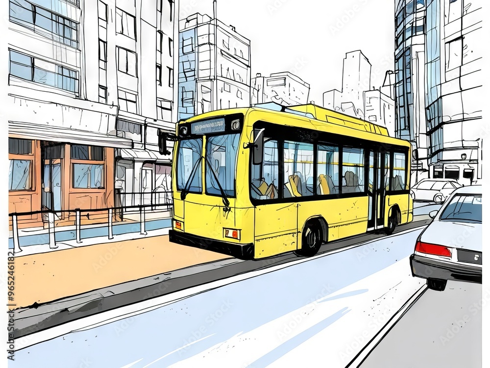 Fototapeta premium Cityscape with a Public Transportation and Pedestrian