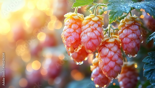 Dewkissed hop cones glowing in warm sunlight, bokeh background photo