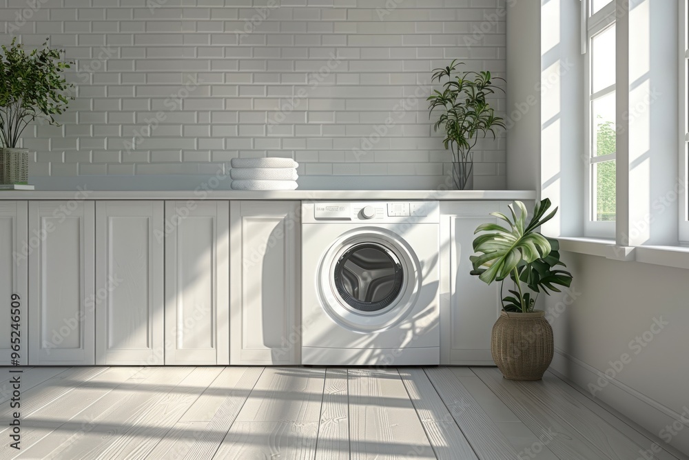 Mockup for design of empty white table in laundry room. ai generative Mockup for design of empty white table in laundry room. ai generative