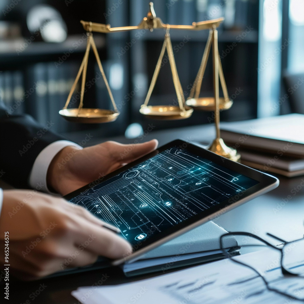 Naklejka premium Generative AI A lawyer reviewing a digital smart contract on a tablet in a modern office, symbolizing the transformation of legal processes through blockchain technology, natural light