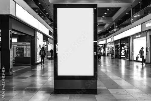 Mockup with background in shopping center gallery, digital media blank black and white screen modern panel signboard