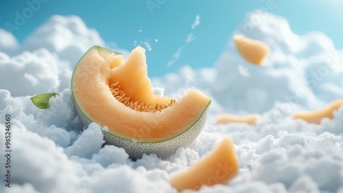 Cantaloupe floating among fluffy clouds with soft, golden sunlight.