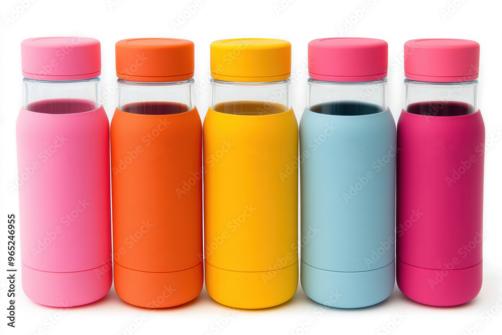 Colorful modern reusable water bottles isolated on white background Colorful modern reusable water bottles isolated on white background