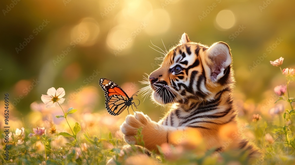A Cute Tiger Cub Looking at a Butterfly A Cute Tiger Cub Looking at a Butterfly