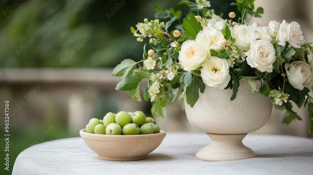 Gooseberries in a luxurious garden with lush greenery and elegant flowers. Gooseberries in a luxurious garden with lush greenery and elegant flowers.
