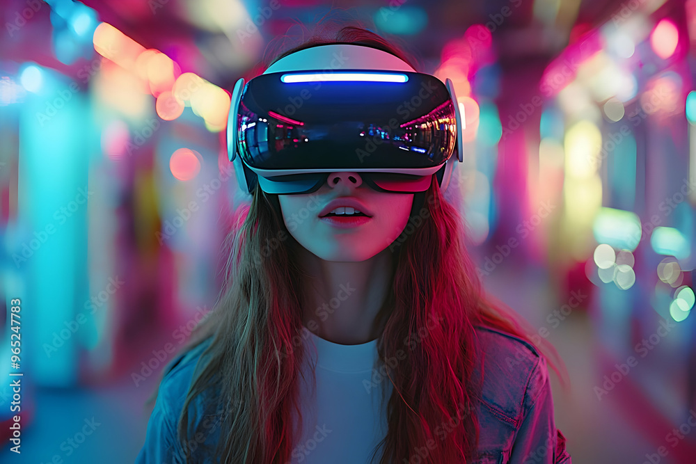 Virtual Reality Photo Woman Immersed in Neon Metaverse Experience Virtual Reality Photo Woman Immersed in Neon Metaverse Experience