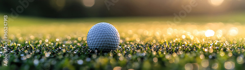 Golf ball on tee, closeup, dewy grass, early morning sunlight, focus on the ball, serene and peaceful