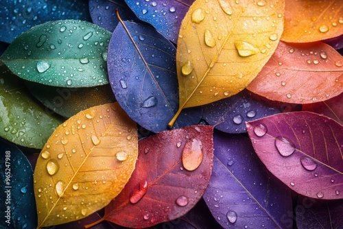 Vibrant leaves with dew drops closeup
