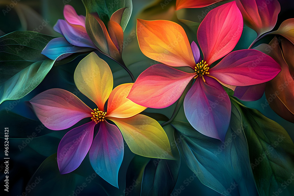 Vibrant Colorful Flowers with Green Leaves Vibrant Colorful Flowers with Green Leaves