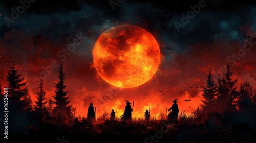 A vector graphic of a Halloween night scene with a full moon and witches