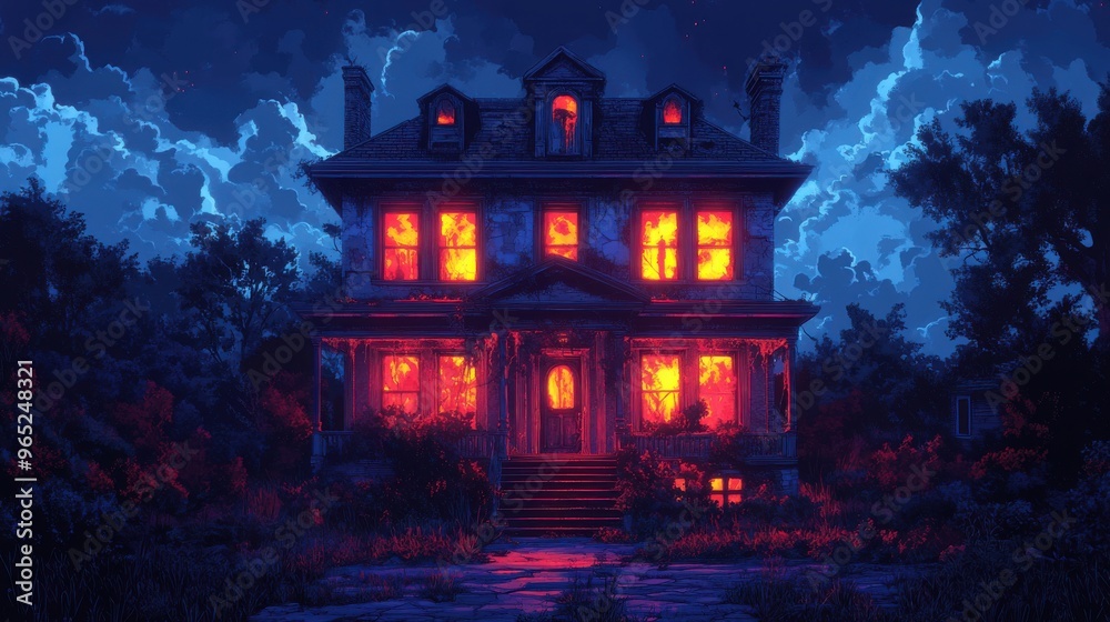 A vector illustration of a haunted house with glowing windows, Halloween theme A vector illustration of a haunted house with glowing windows, Halloween theme
