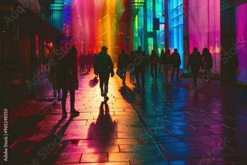 people walking around in a urban street context, near buildings, rainbow colors background,vivid colors