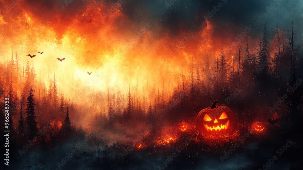 A vibrant Halloween party flyer design with spooky elements like pumpkins and bats, on a white background