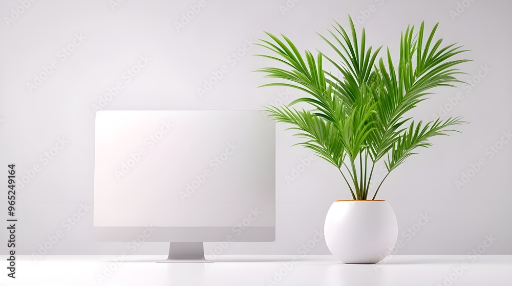 3D Minimal desktop with blank screen mockup, Empty screen for text, and logo replacement concept. 3d render illustration 3D Minimal desktop with blank screen mockup, Empty screen for text, and logo replacement concept. 3d render illustration