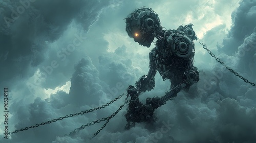 In the heart of a legal tempest, a robot struggles as chains of law constrict its movements, the storm intensifying, clouds swirling menacingly photo