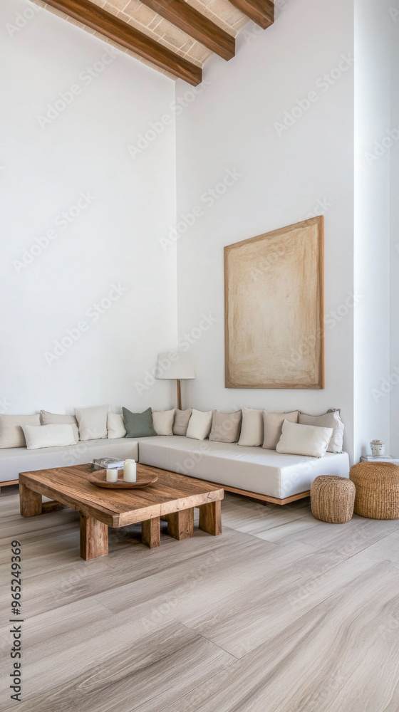 Fototapeta premium Luxurious Mediterranean living room interiors with chic decor and natural lighting. Premium Real Estate interior design.