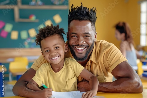 Parents departing from a child s first school day, vibrant classroom, medium shot, proud smiles, warm lighting, nurturing environment, new beginnings, photo