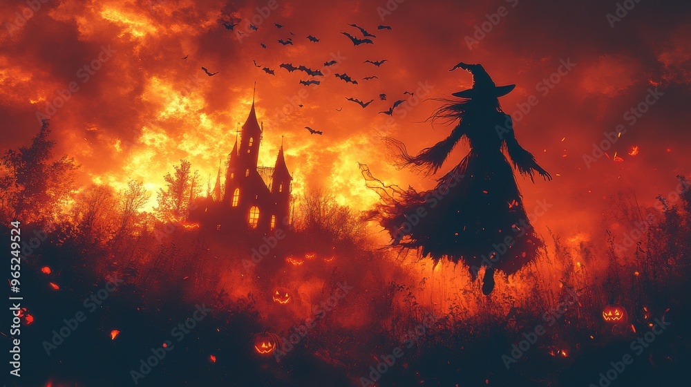 A witch flying over a haunted house with bats in the sky, celebrating Halloween A witch flying over a haunted house with bats in the sky, celebrating Halloween