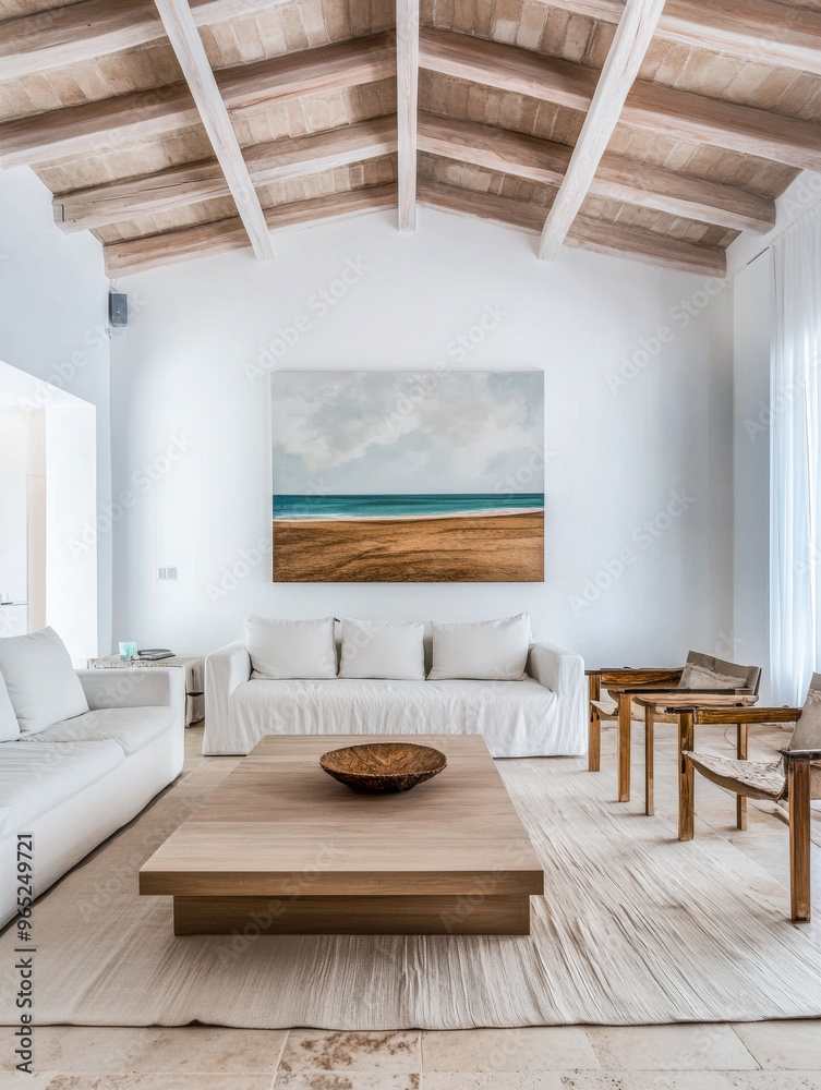 Fototapeta premium Luxurious Mediterranean living room interiors with chic decor and natural lighting. Premium Real Estate interior design.