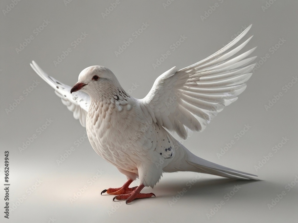 Fototapeta premium A white pigeon in mid-flight, wings fully spread, displaying intricate feather details against a plain background. AI generated.