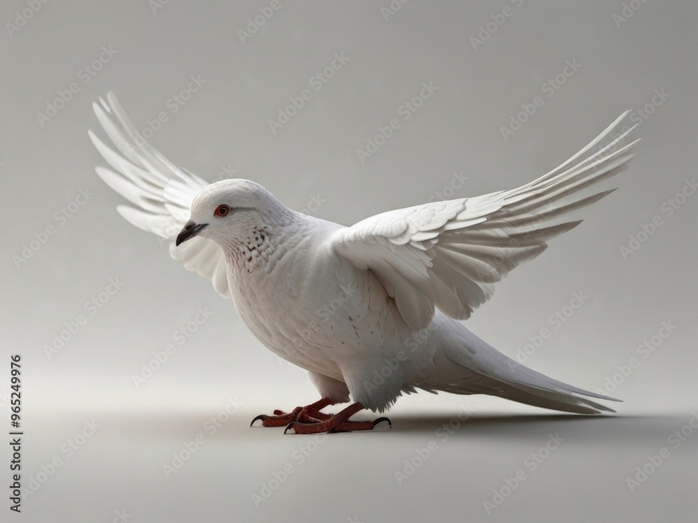 Fototapeta premium A white pigeon in mid-flight, wings fully spread, displaying intricate feather details against a plain background. AI generated.