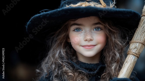 A young girl dressed as a witch, smiling and holding a broomstick